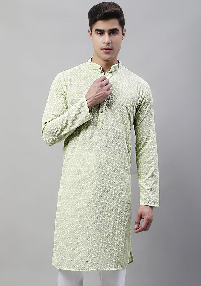 Green Embroidered Poly Blend Kurta For Men