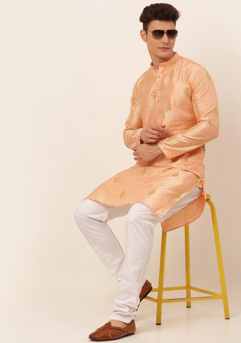 Peach Embroidered Poly Blend Kurta For Men