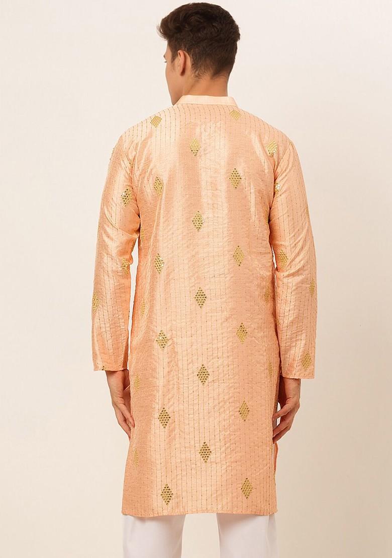 Peach Embroidered Poly Blend Kurta For Men
