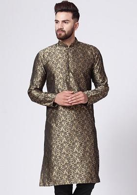 Gold Woven Design Poly Blend Kurta For Men