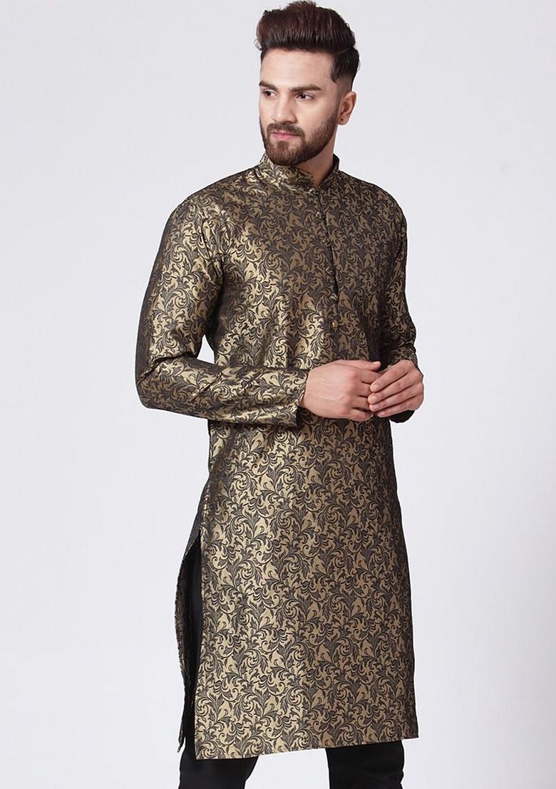 Gold Woven Design Poly Blend Kurta For Men