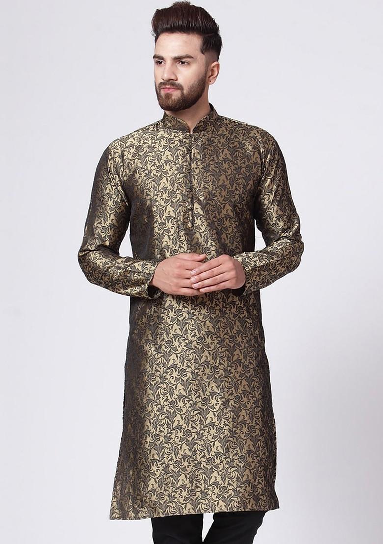 Gold Woven Design Poly Blend Kurta For Men