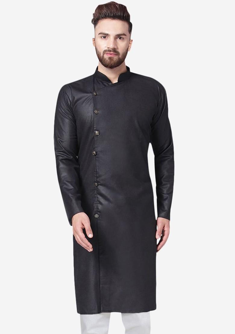Black Embroidered Poly Blend Kurta For Men