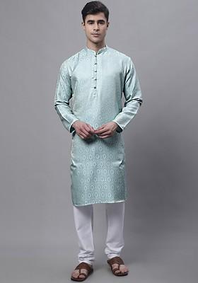 Turquoise Blue Woven Design Poly Blend Kurta For Men
