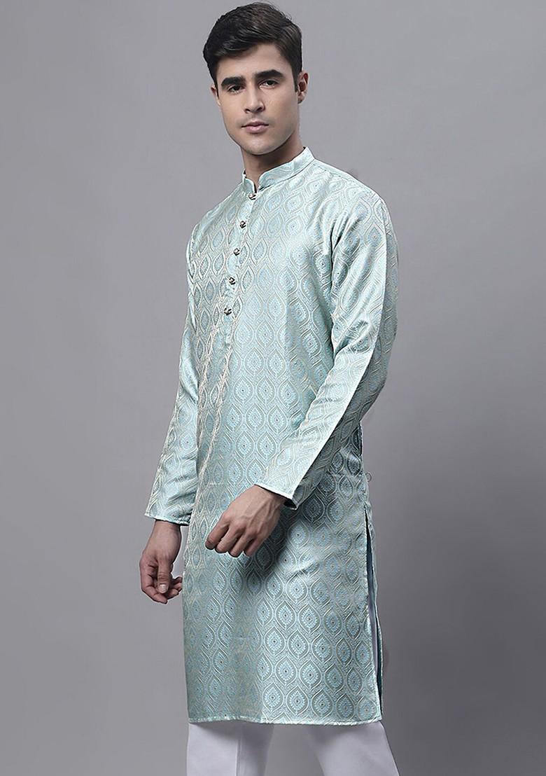 Turquoise Blue Woven Design Poly Blend Kurta For Men