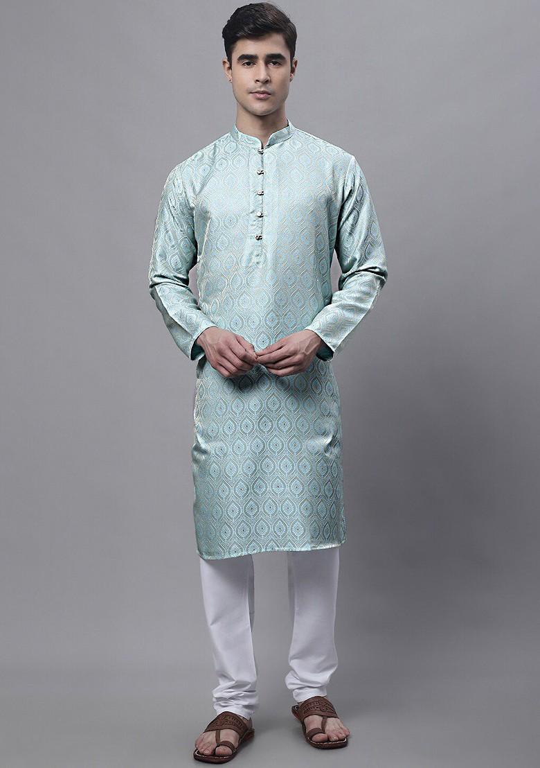 Turquoise Blue Woven Design Poly Blend Kurta For Men