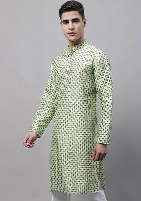 Green Printed Poly Blend Kurta For Men