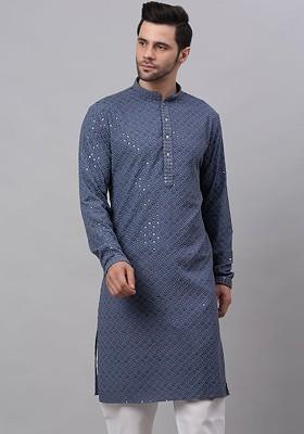 Grey Embroidered Poly Blend Kurta For Men