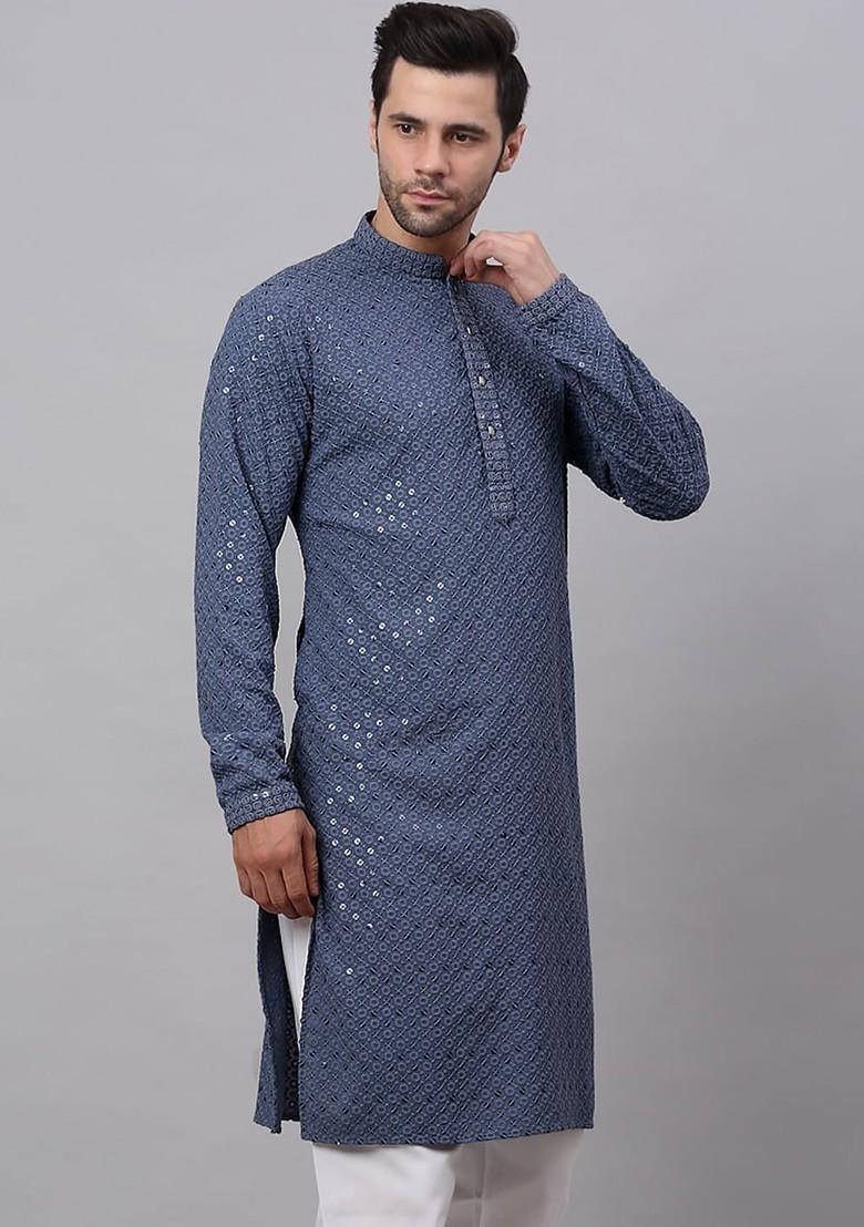 Grey Embroidered Poly Blend Kurta For Men