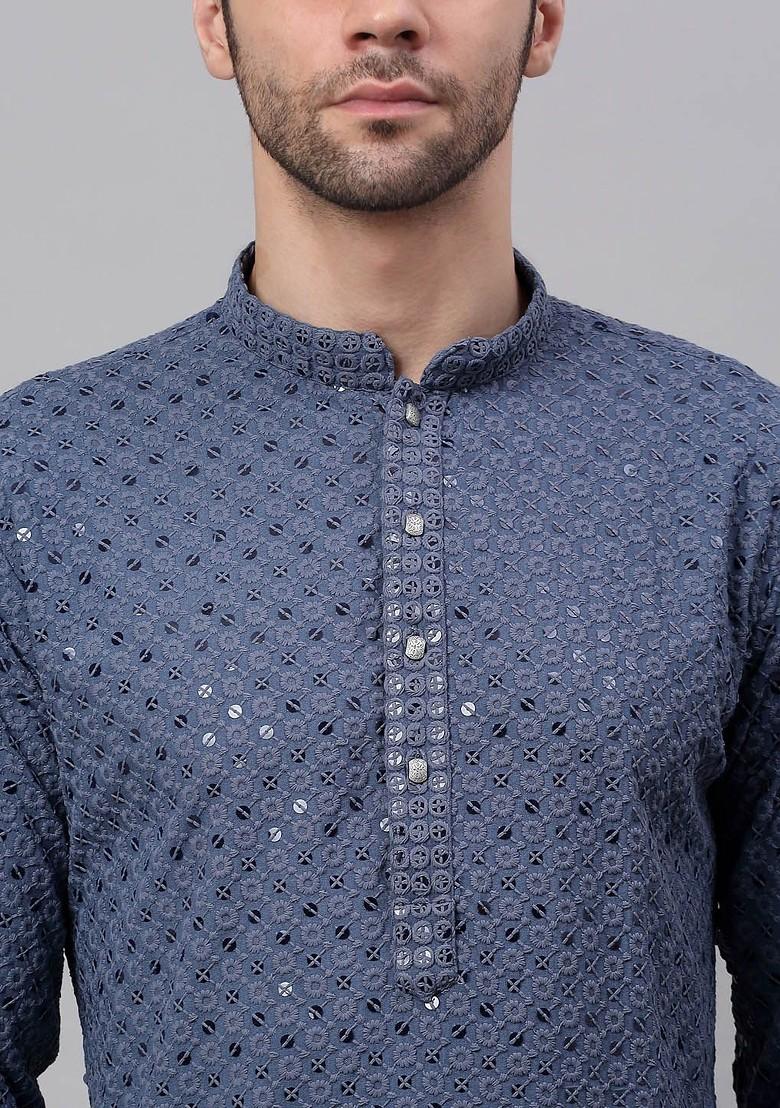 Grey Embroidered Poly Blend Kurta For Men