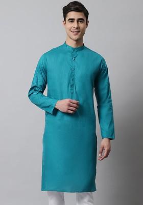 Teal Blue Embroidered Poly Blend Kurta For Men