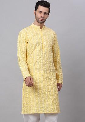 Yellow Embroidered Poly Blend Kurta For Men