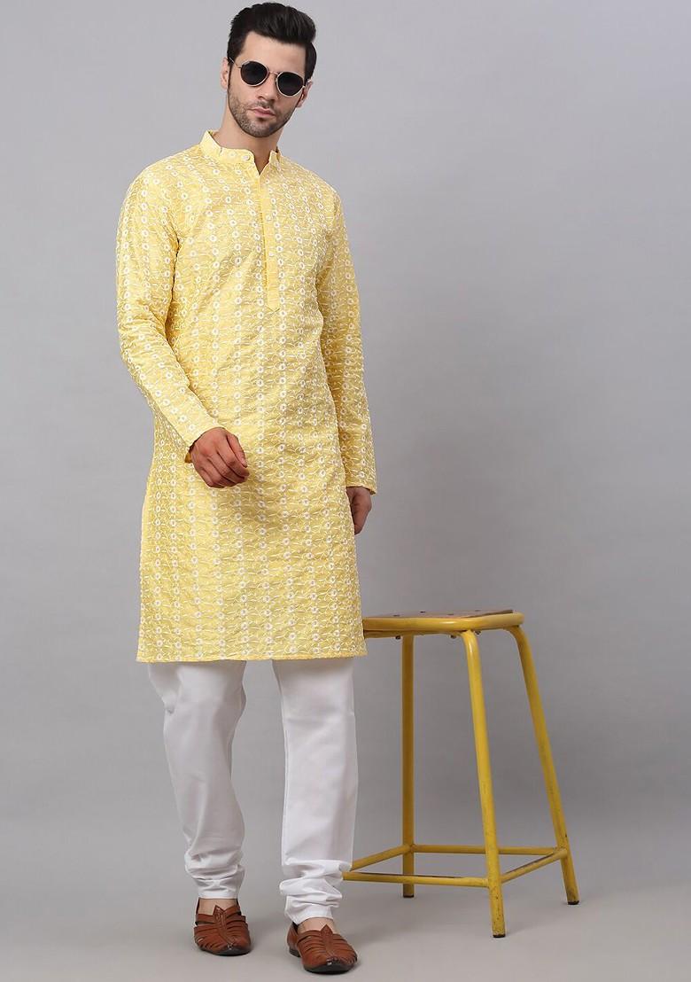 Yellow Embroidered Poly Blend Kurta For Men