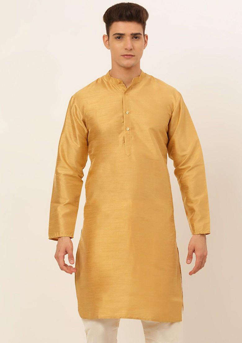 Gold Embroidered Poly Blend Kurta For Men