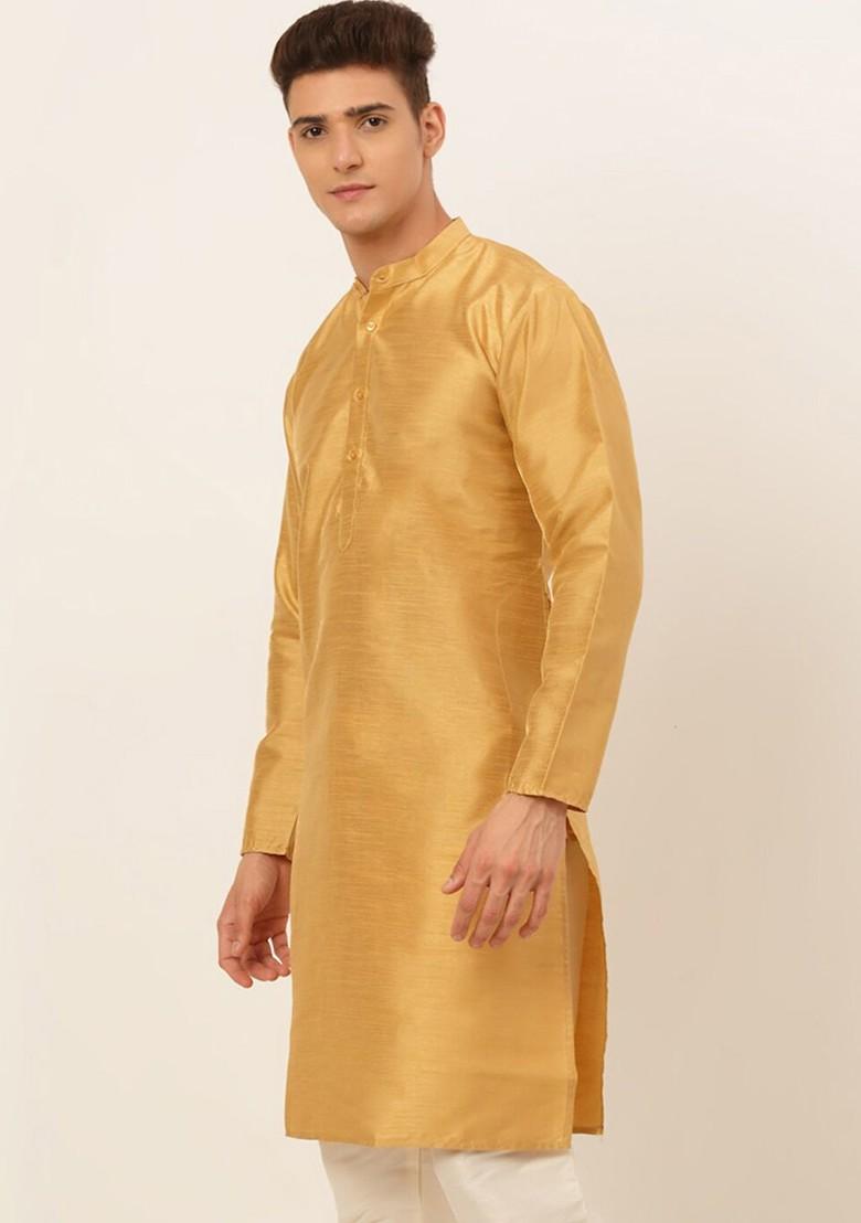 Gold Embroidered Poly Blend Kurta For Men