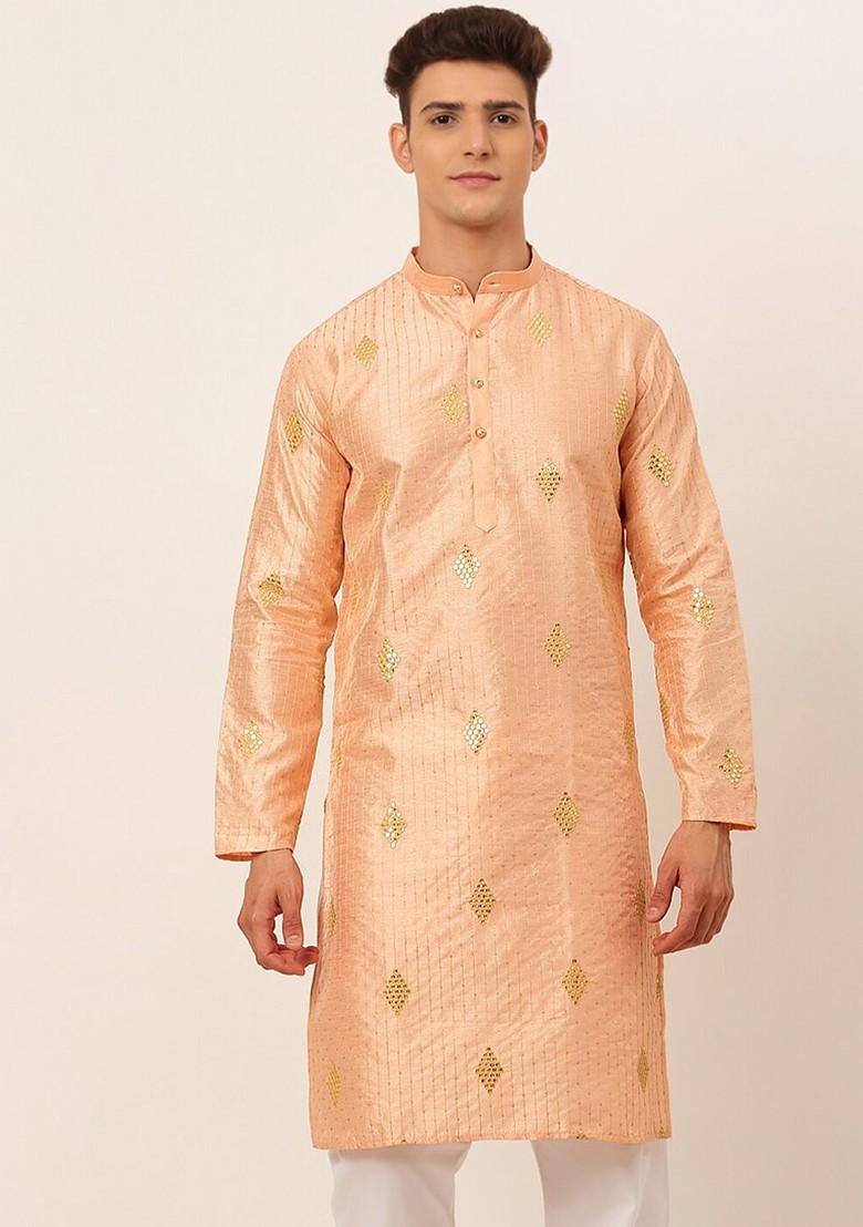 Peach Embroidered Poly Blend Kurta For Men