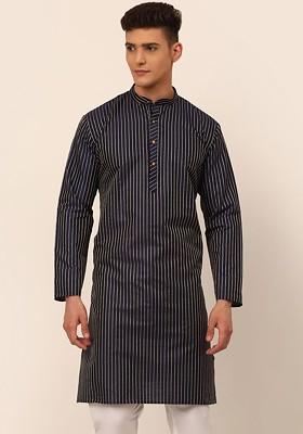 Navy Blue Embroidered Poly Blend Kurta For Men