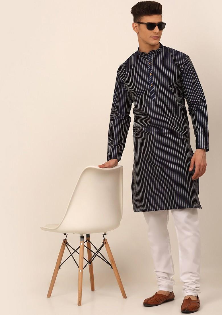 Navy Blue Embroidered Poly Blend Kurta For Men