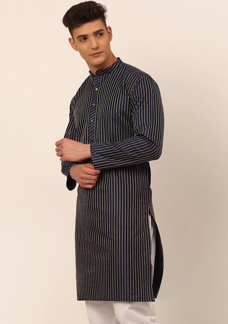 Navy Blue Embroidered Poly Blend Kurta For Men
