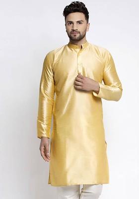 Gold Embroidered Poly Blend Kurta For Men