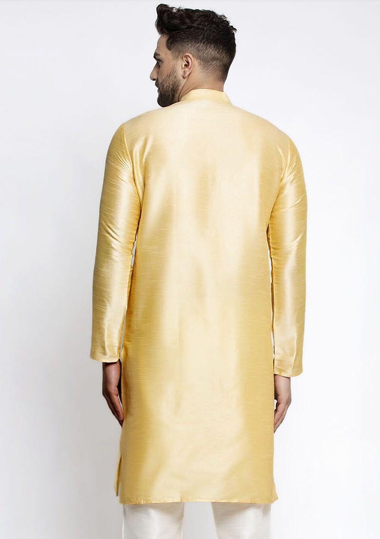 Gold Embroidered Poly Blend Kurta For Men