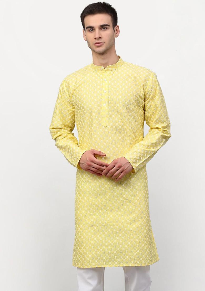 Yellow Embroidered Poly Blend Kurta For Men