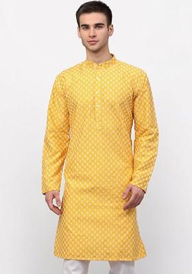 Mustard Yellow Embroidered Poly Blend Kurta For Men