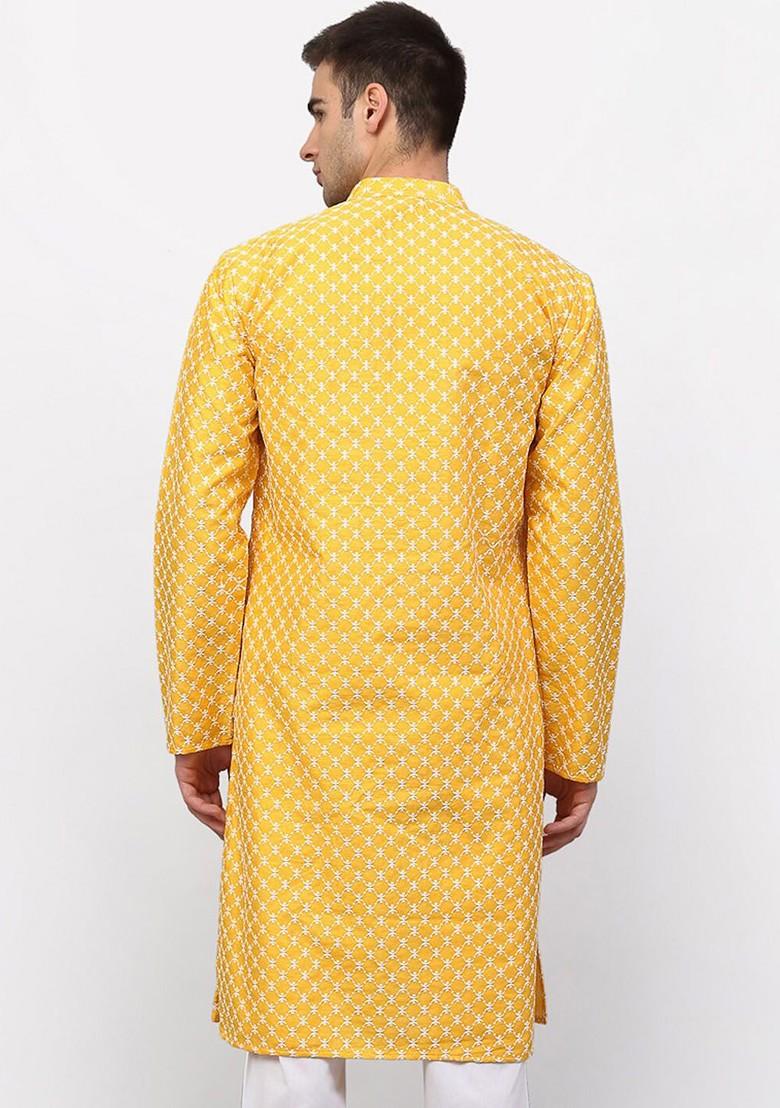 Mustard Yellow Embroidered Poly Blend Kurta For Men