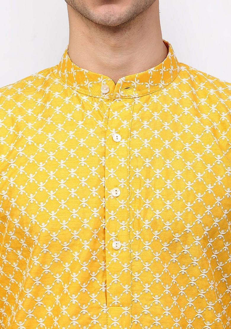 Mustard Yellow Embroidered Poly Blend Kurta For Men