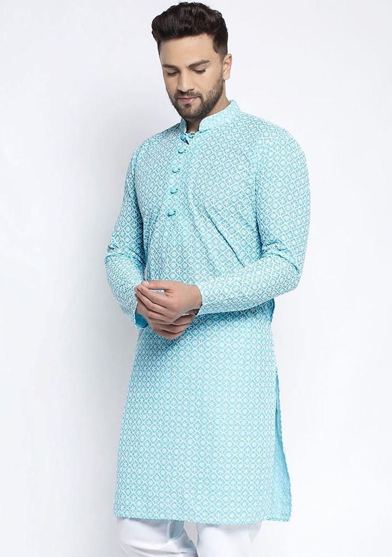 Turquoise Blue Embroidered Poly Blend Kurta For Men