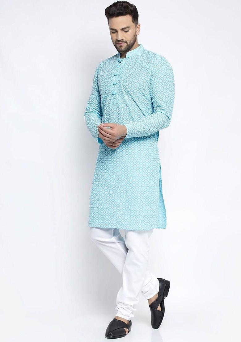 Turquoise Blue Embroidered Poly Blend Kurta For Men