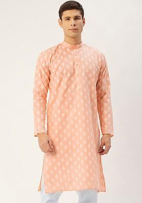 Peach Ethnic Motif Poly Blend Kurta For Men