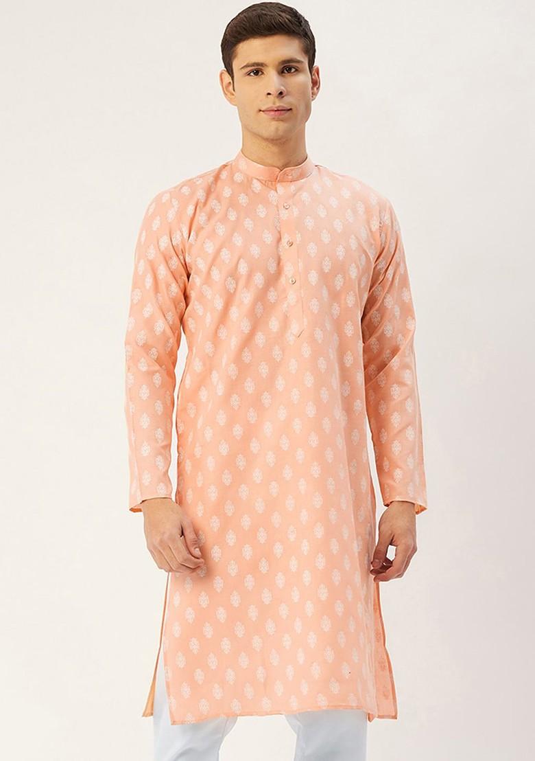 Peach Ethnic Motif Poly Blend Kurta For Men