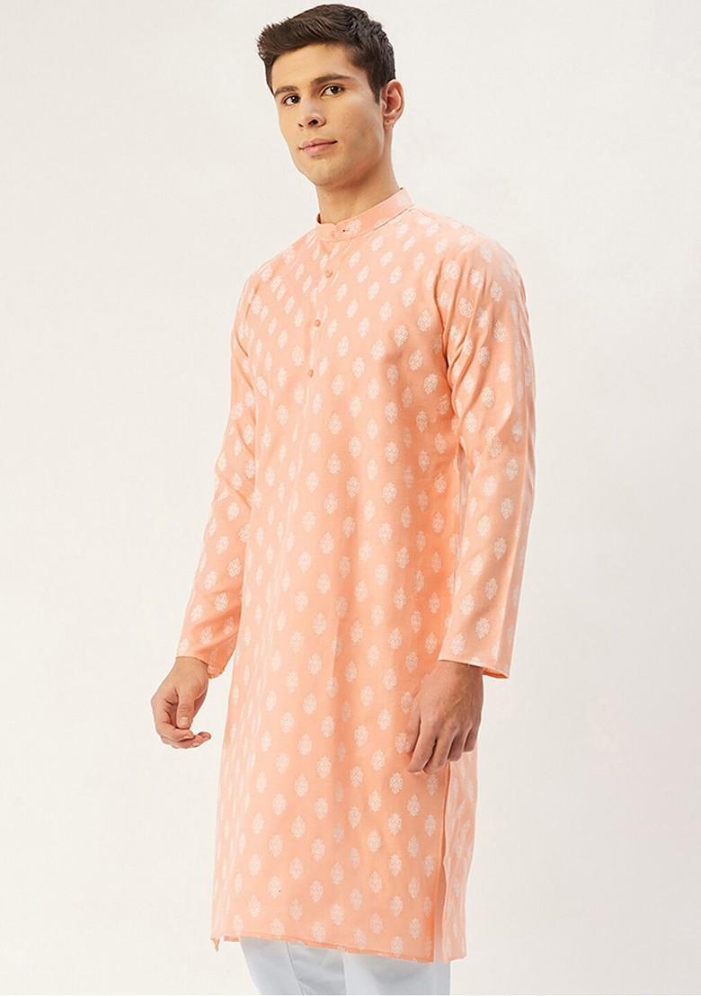 Peach Ethnic Motif Poly Blend Kurta For Men