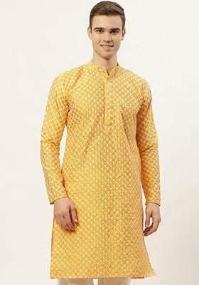 Mustard Yellow Embroidered Poly Blend Kurta For Men