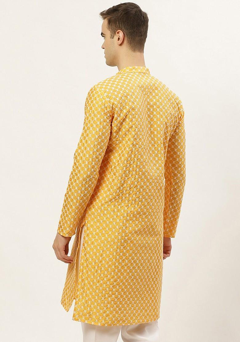 Mustard Yellow Embroidered Poly Blend Kurta For Men