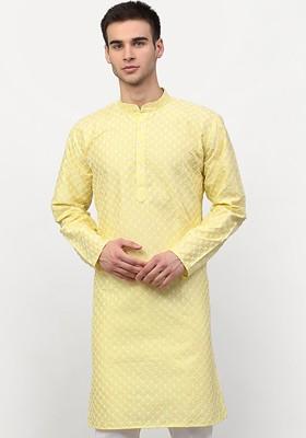 Yellow Embroidered Poly Blend Kurta For Men