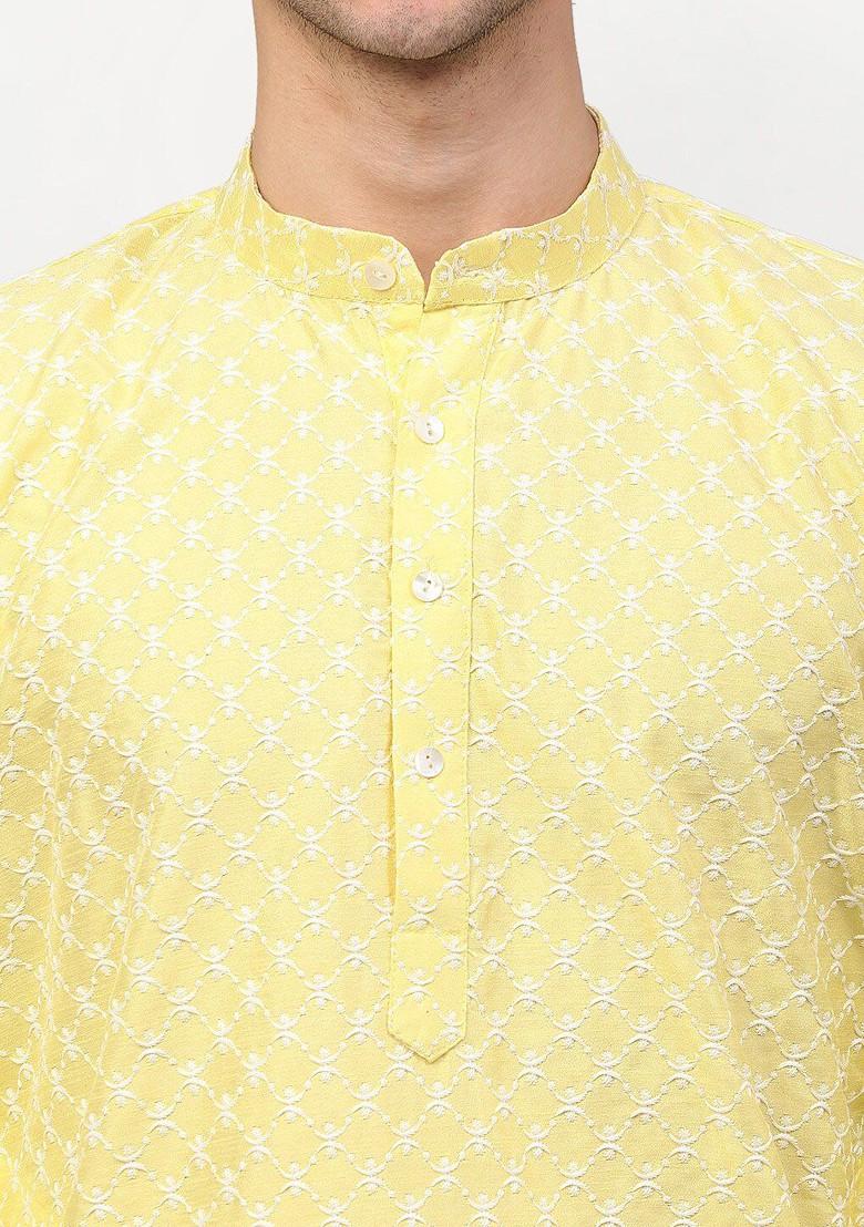 Yellow Embroidered Poly Blend Kurta For Men