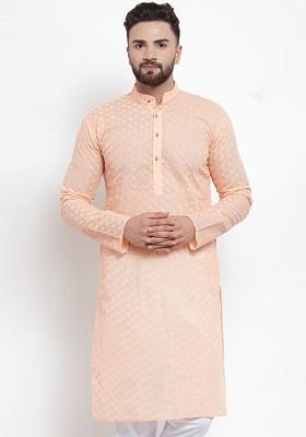 Orange Embroidered Poly Blend Kurta For Men
