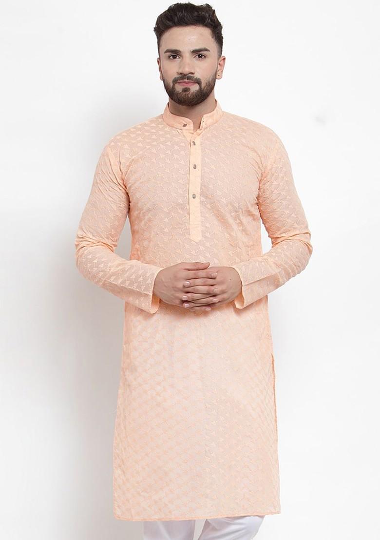 Orange Embroidered Poly Blend Kurta For Men
