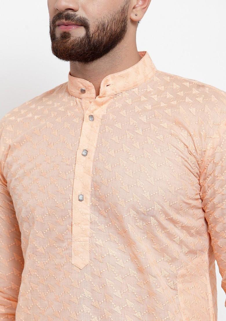 Orange Embroidered Poly Blend Kurta For Men