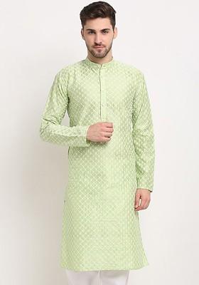 Green Embroidered Poly Blend Kurta For Men