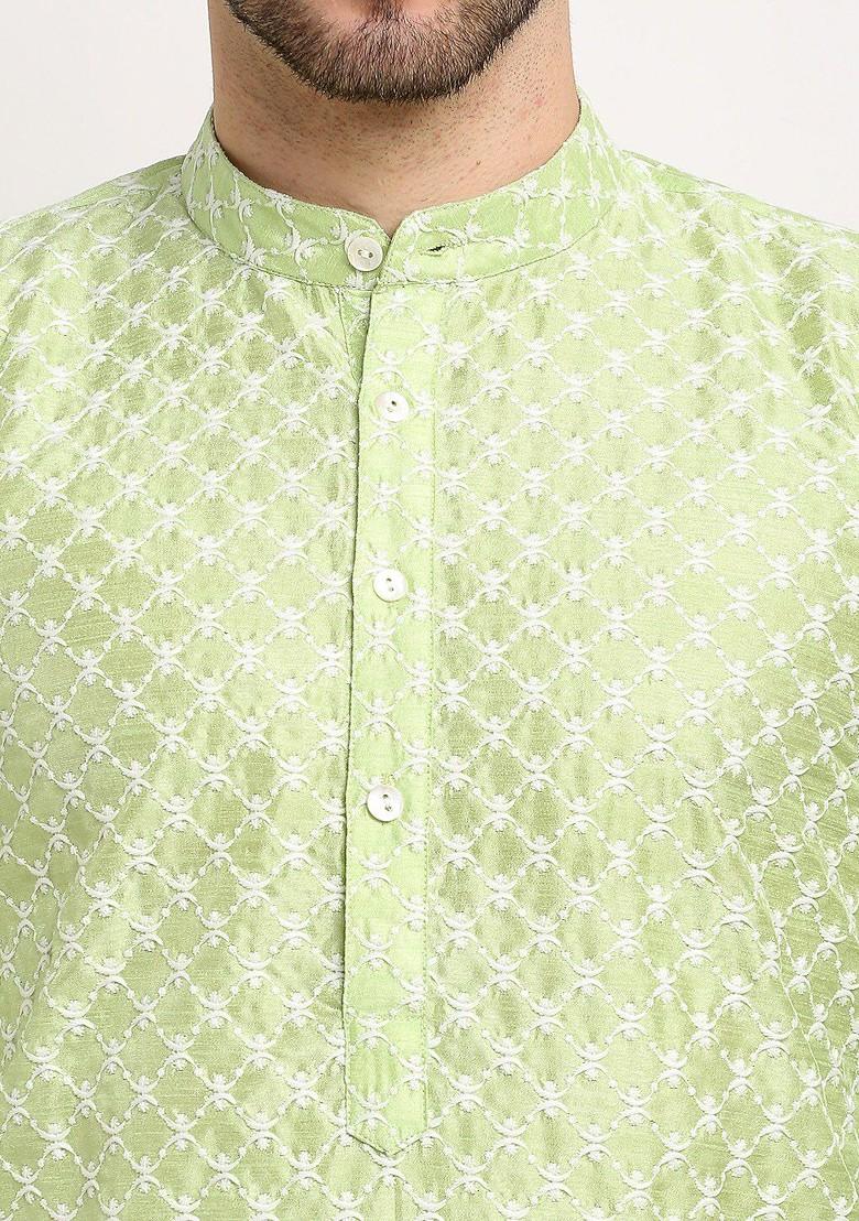 Green Embroidered Poly Blend Kurta For Men