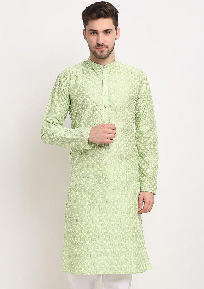 Green Embroidered Poly Blend Kurta For Men