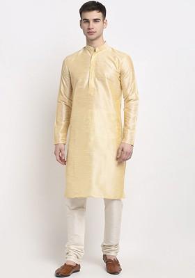Gold Embroidered Poly Blend Kurta For Men