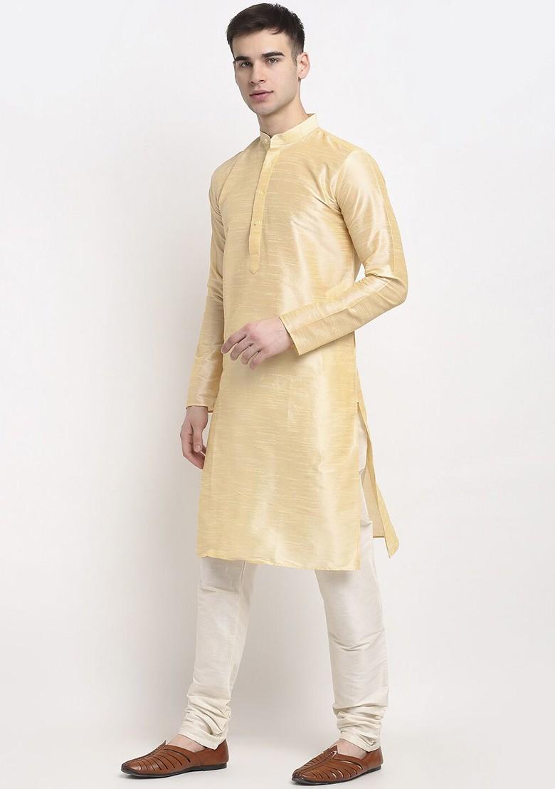 Gold Embroidered Poly Blend Kurta For Men
