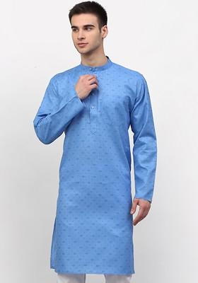 Turquoise Blue Embroidered Poly Blend Kurta For Men