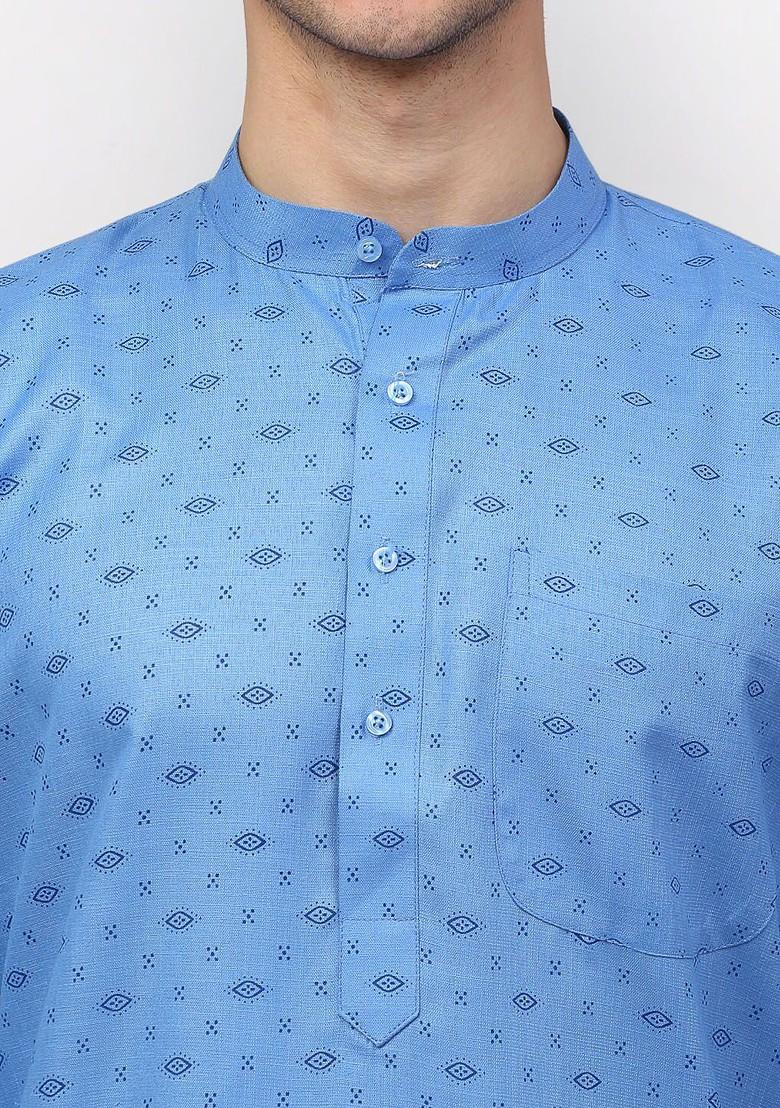 Turquoise Blue Embroidered Poly Blend Kurta For Men