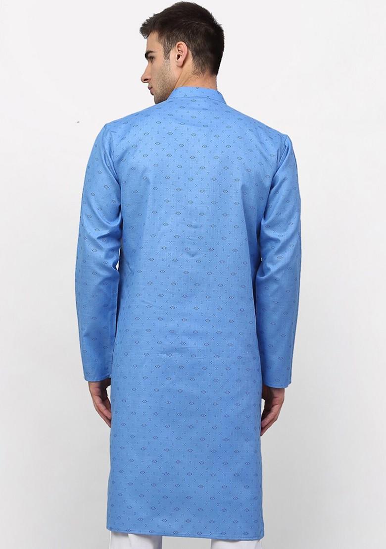 Turquoise Blue Embroidered Poly Blend Kurta For Men
