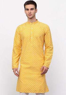 Mustard Yellow Embroidered Poly Blend Kurta For Men